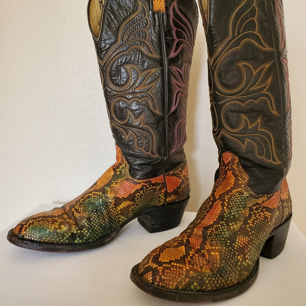 Anaconda 7 1/2 painted green yellow orange black western cowboy boots snakeskin - Picture 5 of 10